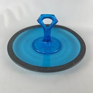 Vintage Blue Glass Serving Tray with Metal Trim 10 1/4” Rare